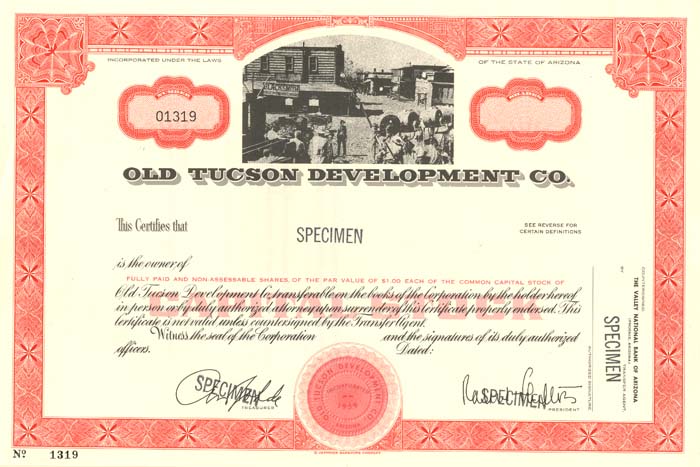 Old Tucson Development Co. - Specimen Stock Certificate